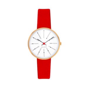 Arne Jacobsen Uhr - Banker - Ø 30 mm - Rotes Leder & IPG mit weißem Zifferblatt 53113-1403